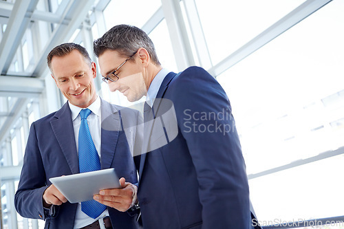 Image of Corporate, research or business people with tablet planning company strategy, finance growth or financial review. Teamwork, happy or employee in office for collaboration, data analysis or idea search