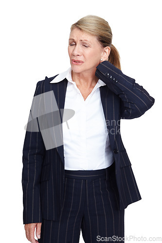 Image of Mature woman executive, neck pain and studio with muscle injury, sprain and burnout by white background. Isolated senior model, injured and corporate suit with physical therapy for anatomy emergency