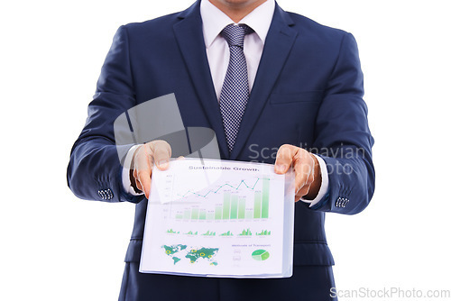 Image of Business man show document graph in studio mockup on sustainable growth, data analytics or finance stats. Portfolio or paper of profit, revenue and green, corporate chart isolated on white background