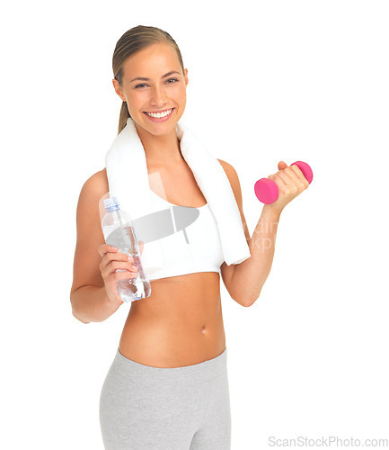 Image of Studio portrait, woman and water with dumbbell, smile and happy for workout, health and white background. Isolated model, water bottle and weightlifting for healthy training, wellness and strong body