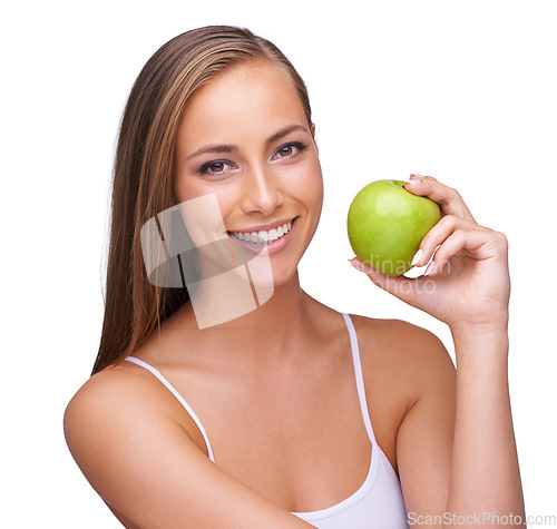 Image of Apple, wellness and portrait of woman on a white background for healthy lifestyle, cosmetics and wellbeing. Diet, healthcare and face of girl with fruit for organic products, vitamins and nutrition