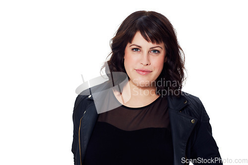 Image of Fashion, beauty and portrait of a woman in a studio with a casual outfit, confidence and positive mindset. Cosmetic, face and natural female model with stylish clothes isolated by a white background.