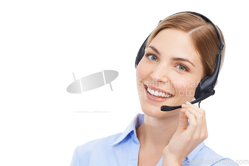 Image of Face portrait, customer service and woman at call center in studio on white background mock up. Crm, contact us and smile of happy female telemarketing worker, consultant or sales agent from Canada.