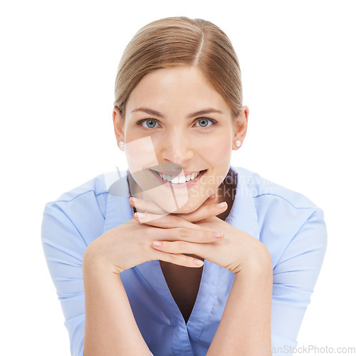 Image of Portrait, face and business woman in studio isolated on white background. Ceo, boss and smile of happy, confident and proud female entrepreneur from Canada with vision, mission and success mindset.