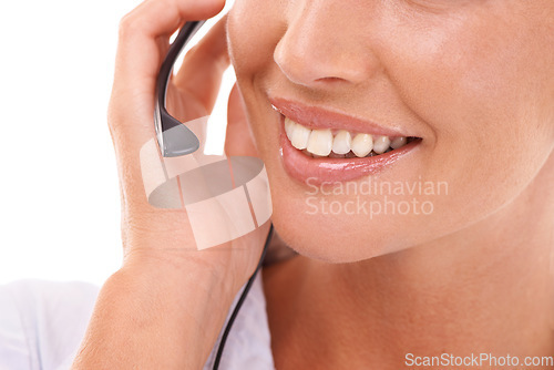 Image of Customer support communication, mouth and woman consulting on contact us CRM, telemarketing or call center. Telecom microphone, customer service or happy consultant talking on white background studio