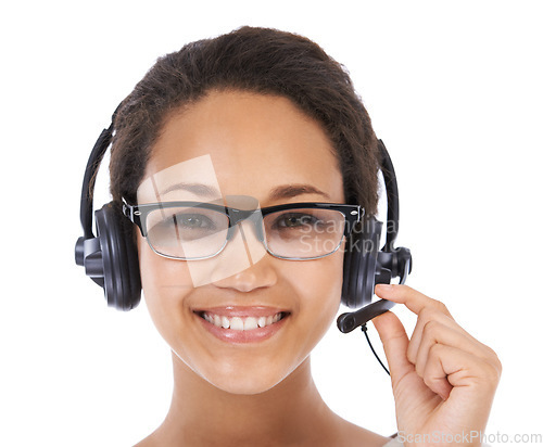 Image of Woman, studio headshot and call center with smile, communication and white background. Isolated crm expert, telemarketing headphones and black woman with customer support, contact us and motivation