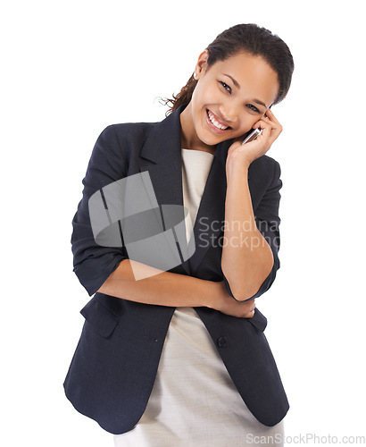 Image of Business woman, phone call and portrait of a woman feeling happy about mobile conversation. White background, isolated and black woman making job contact for marketing vision and working smile