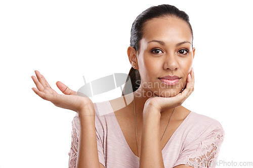 Image of Black woman, portrait and hand palm for advertising space for product placement and motivation. Face of female model holding mockup for promotion, discount or deal offer isolated on white background