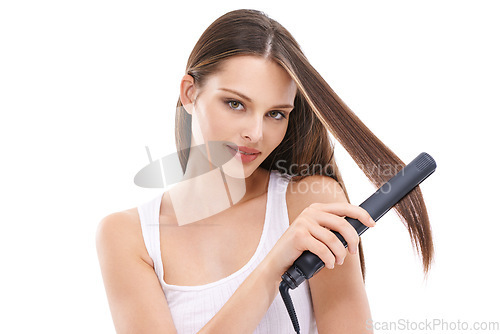 Image of Woman with hair care, iron for hair and beauty portrait, cosmetic care and electric tools against white background. Straight hair, keratin and treatment with hairstyle mockup, wellness and grooming