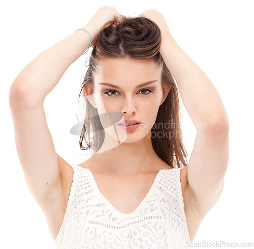 Image of Brunette beauty model, fashion or portrait on isolated white background in trendy hairstyle, keratin treatment or clothes. Woman, face or brown hair color on advertising mock up for gen z dye brand