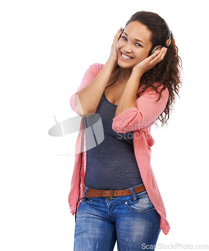 Image of Music headphones, portrait and woman in studio isolated on a white background. Face, relax and happy female with hifi headset streaming, listening or enjoying podcast, radio or audio, song or album.