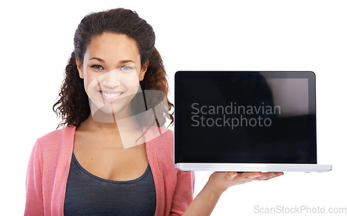 Image of Woman with laptop mockup, tech and portrait with internet connection, wifi and wireless connection against studio background. Website, digital and pc with marketing and technology product placement