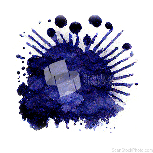 Image of Blue ink blot or watercolor paint stain on white background.