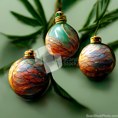 Image of Green and golden christmas decorations on fir tree.