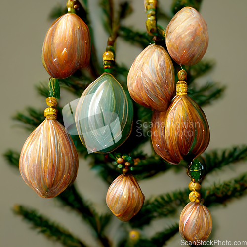 Image of Green and golden christmas decorations on fir tree.