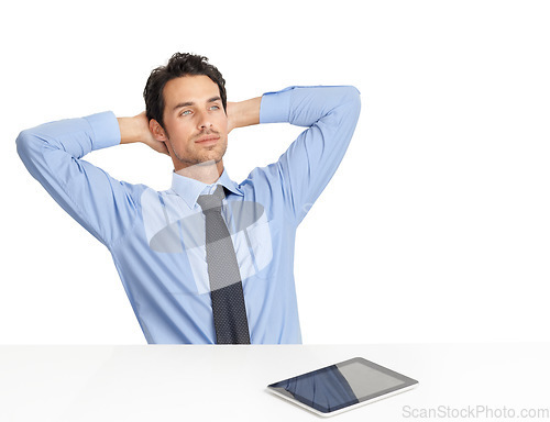 Image of Businessman, tablet and relax back at desk in studio for lunch break, nap or daydream after web planning, tech analysis or sales growth. Man, relax and thinking for website fintech startup strategy