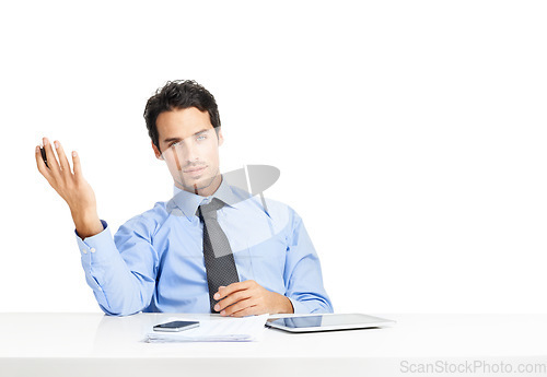 Image of Portrait, documents and mockup with an annoyed businessman sitting in studio isolated on a white background. Review, gesture and a frustrated male employee working at his desk with blank space