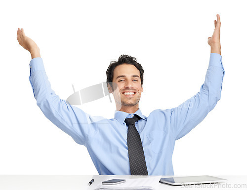 Image of Businessman, portrait or hands up on studio background in success financial task, complete or done company accounting. Smile, relax or happy corporate worker stretching by desk, fintech or documents