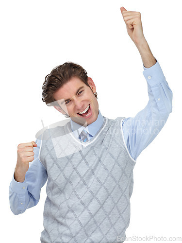 Image of Winner, success celebration and business man in studio isolated on a white background. Face, portrait and happy male entrepreneur celebrating victory, lottery or goal achievement, targets or winning