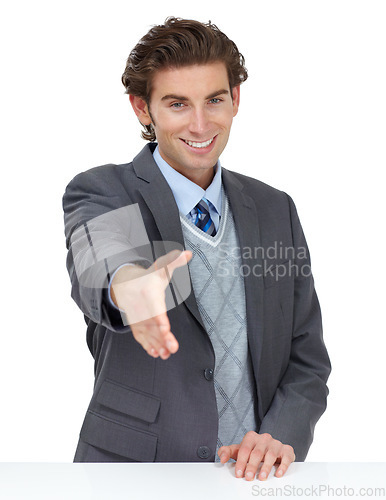 Image of Face, business man and handshake in studio isolated on a white background. Portrait, greeting and male entrepreneur shaking hands for deal, agreement or contract, onboarding or welcome introduction.