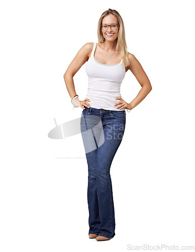 Image of Fashion, style and portrait of woman on a white background for trendy, stylish and 2000s clothes. Style, cosmetics and happy, confident and female fashion model with smile from New Zealand in studio