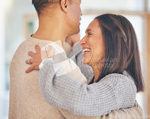 Image of Senior happy couple, dancing and smile in home, holiday or romantic celebration with love, bonding and care. Couple, dance and happiness for marriage, memory and quality time together in lounge