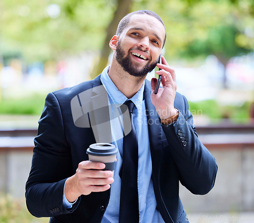 Image of Businessman, phone call and city park with coffee for energy, conversation or relax on break by trees. Corporate black man, smartphone or communication in metro, networking and espresso in New York