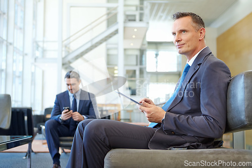 Image of Travel, tablet and relax with businessman in airport lobby for networking, email and communication. Planning, contact and goal with ceo in lounge on layover for business class, leadership and app