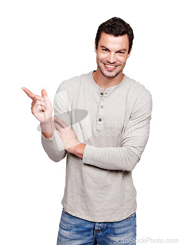 Image of Man, happy and portrait while pointing finger at mockup space for advertising isolated on a white background. Smile of a male from France with hand sign for promotion, announcement and brand product