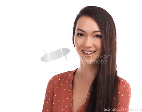 Image of Beauty, studio portrait and face of woman with natural makeup, facial skincare glow and cosmetics mockup space. Happiness, smile and mock up headshot of happy model girl isolated on white background