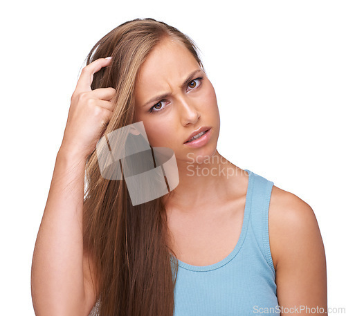 Image of Confused, doubt and portrait of woman with question scratching head for problem, decision or fail. Anxiety, stress and puzzled model with confusion on face at isolated white background.