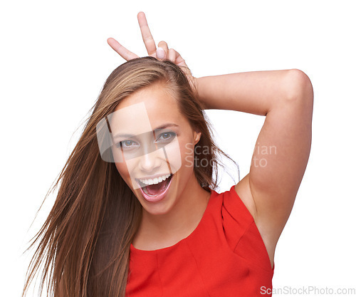 Image of Comic, funny and bunny ears portrait of woman with happy, joyful and cheerful smile in studio. Happiness, crazy and funny face of isolated and goofy girl with rabbit ears at white background.