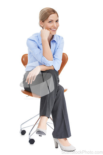 Image of Businesswoman, happy portrait and office chair in studio, white background and happiness. Female worker, model and employee sitting on chair with smile, management and motivation in corporate career