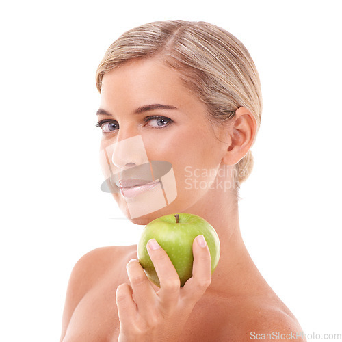 Image of Apple, health and face portrait of woman with fruit product to lose weight, diet or body detox for wellness lifestyle. Healthcare model, nutritionist food and vegan girl on white background studio