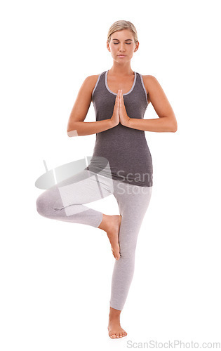 Image of Yoga meditation, balance and relax woman meditate for healthcare, spiritual soul aura or chakra energy healing. Zen mindfulness, mindset peace and model pilates workout on white background studio