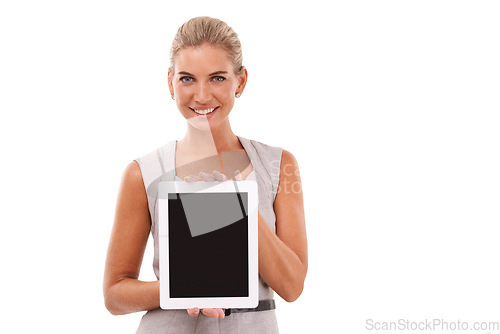 Image of Tablet mockup, portrait and businesswoman with white background isolated in studio for advertising space. Happy worker, female model and digital mock up screen, website and email marketing platform