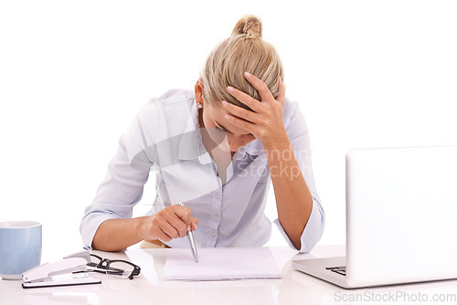 Image of Mental health, frustrated and business woman stress over crypto investment crisis, stock market crash or finance loss. Accounting notebook, administration problem and accountant on white background