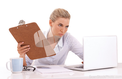 Image of Thinking business woman, laptop or clipboard on white background for cv review or recruitment advertising. Human resources, hr or worker with technology, paper documents or isolated innovation vision