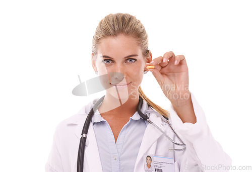 Image of Portrait of pharmacist and hand holding pills on a white background for medicine, product or pharmacy. Doctor with smile on her face for healthcare drugs or supplements in studio mockup for brand