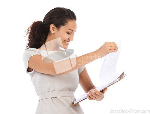 Image of Business, checklist and black woman with smile, clipboard survey or report on white background. Management, schedule data and happy small business woman receptionist checking inventory list in studio