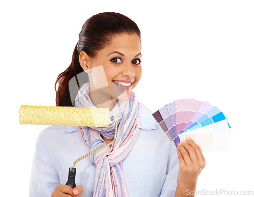 Image of Woman, smile and paint brush with swatches for color choice or decision against white studio background. Portrait of isolated female holding roller with pastel colors for painting on white background