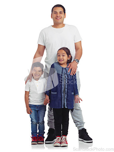 Image of Family, happy portrait and children with their father in studio for happiness, love and care. Smile of a man and kids isolated on a white background for bonding time, support and belonging or trust