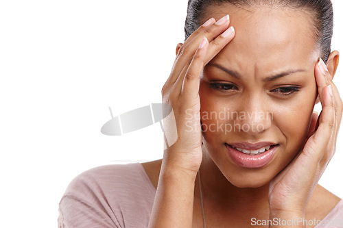 Image of Headache, woman and face with pain, mental health with stress and crisis with anxiety isolated on white background. Frustrated, depression and psychology, brain with fatigue and brain fog mockup