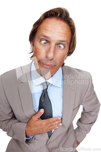 Image of Comedy, crazy and man portrait of a business man with a silly face and suit with white background. Comic, joke and crossed eyes of a vertical executive isolated with funny face and humor being goofy