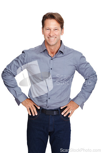 Image of Mature businessman, portrait or hands on hips on an isolated white background on a finance or investment mission. Smile, happy or professional ceo with a success mindset and confidence in studio