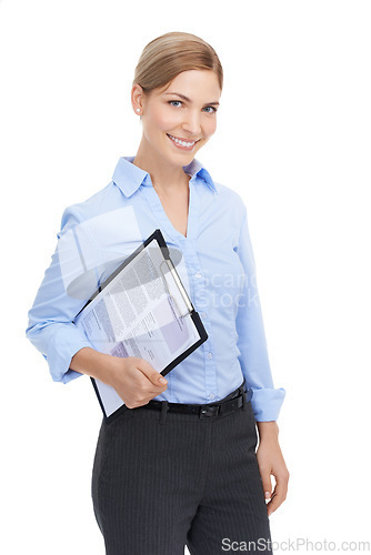 Image of Hr manager, portrait or paper clipboard on isolated white background for cv review, recruitment help or job interview. Smile, happy worker and business woman with contract documents for we are hiring