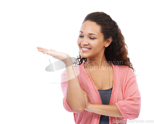 Image of Black woman, smile and palm hand in studio for copy space, product or marketing by white background. Woman, happy and isolated model with space for advertising, branding and happiness with fashion