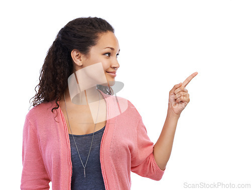 Image of Mockup, pointing and advertising with a black woman in studio on a white background for marketing blank space. Idea, product and brand with an attractive young female showing copyspace with a point