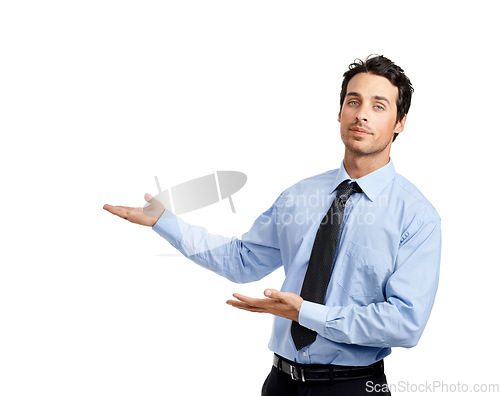 Image of Face, hands and businessman pointing to mockup, space and blank advertising in studio. Portrait, entrepreneur and man CEO with hand gesture showing mock up background for vision, idea or planning