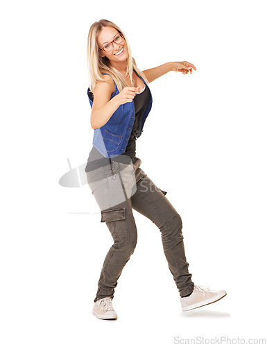 Image of Woman, studio portrait and dance with fashion, smile and glasses for happiness by white background with style. Confident model, isolated and dancer with trendy jeans, shoes and clothes with wellness